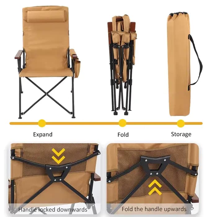 Chaise pliante réglable à 5 positions avec oreiller et accoudoirs – Parfaite pour le camping en plein air