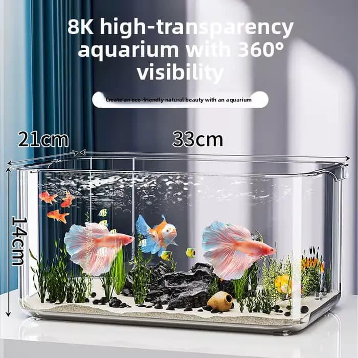 Aquarium de bureau moderne et minimaliste, transparent, pour poissons rouges, avec plantes et paysage miniature, idéal pour salon, bureau et maison.