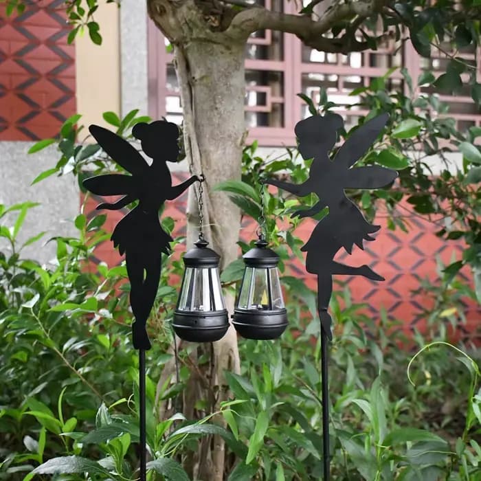 Décor de jardin féerique solaire Statues de fée en métal avec Globe en verre craquelé Lanternes