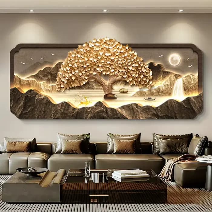 2025 salon décoration peinture LED lumières richesse arbre canapé fond Mural haut de gamme