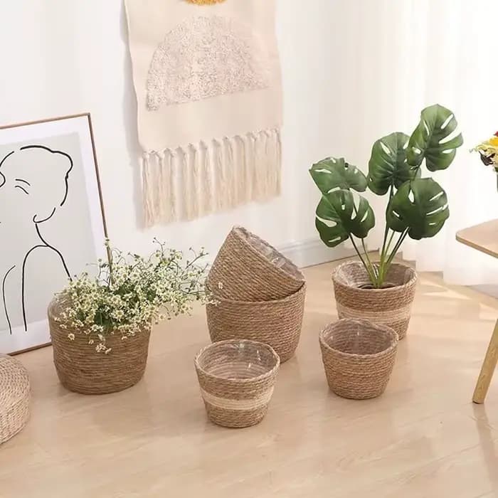 1 pièces pour Terraces de jardin Pot de fleur panier rotin paille meubles décoration herbe tissé Pot de fleurs