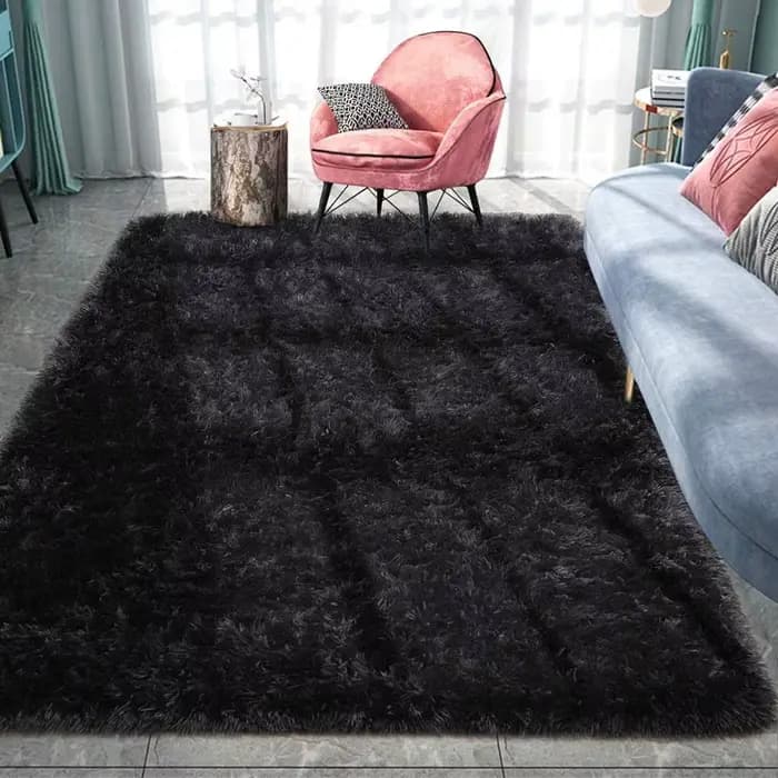 Tapis moelleux Shag Lea noir pour chambre d'enfant, tapis moelleux, tapis de salon, décor à la maison, polymères de sol