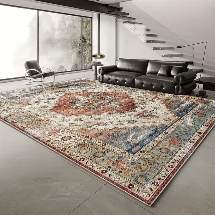VIKAMA Tapis bohème vintage, grand tapis de salon, tapis de canapé rétro, tapis antidérapant pour chambre à coucher, salle à manger, facile d'entretien, décoration de la maison