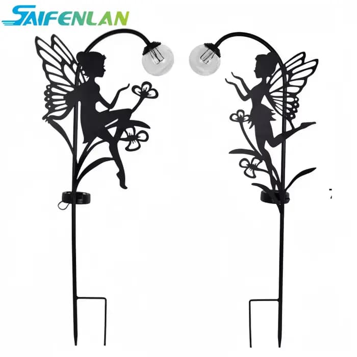 Décor de jardin féerique solaire Statues de fée en métal avec Globe en verre craquelé Lanternes