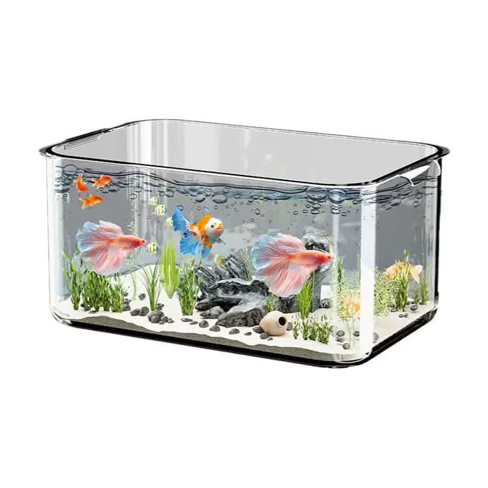 Aquarium de bureau moderne et minimaliste, transparent, pour poissons rouges, avec plantes et paysage miniature, idéal pour salon, bureau et maison.