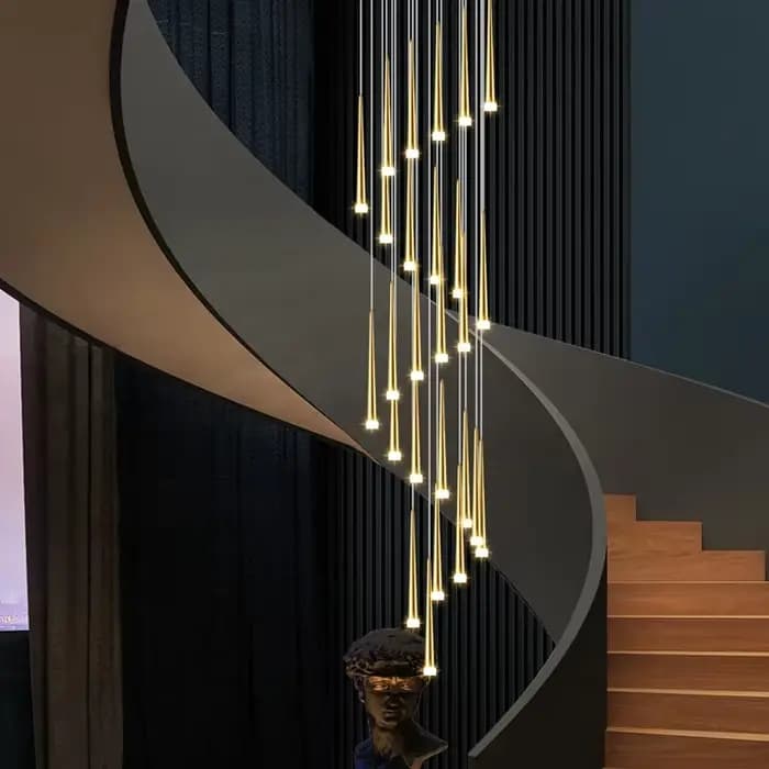 Lustre conique doré LED lampe de salon moderne éclairage intérieur lampe de cuisine Hall haut bâtiment escalier lustre