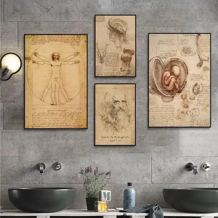 Leonardo Da Vinci manuscrit homme de Vitruve affiches Vintage rétro chambre Bar café chambre décoration murale maison salon décor peinture