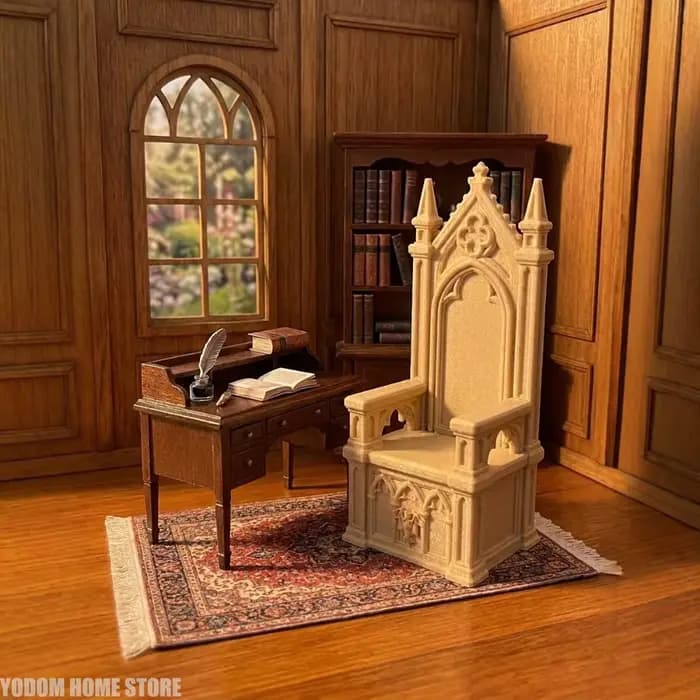 Chaise de trône gothique vintage en relief imprimée en 3D à l'échelle 1/12 pour poupée BJD, décoration de bureau, accessoires pour la maison, cadeau pour enfants