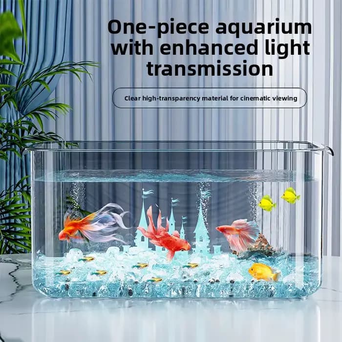 Aquarium de bureau moderne et minimaliste, transparent, pour poissons rouges, avec plantes et paysage miniature, idéal pour salon, bureau et maison.