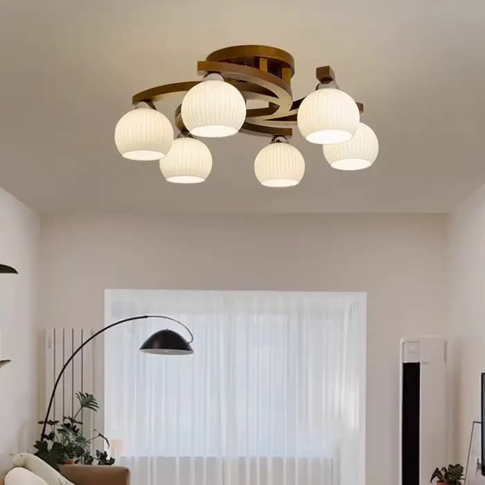 Lampe de plafond vintage en bois de noyer, lampe à boule de verre blanc laiteux, style Wabi-sabi, pour salon, chambre à coucher, salle à manger, bureau, hôtel