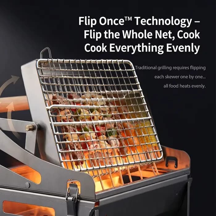 360 ° Barbecue au charbon de bois portable, pliable et rotatif en acier inoxydable avec grille amovible pour le camping en plein air, la plage et la cuisine