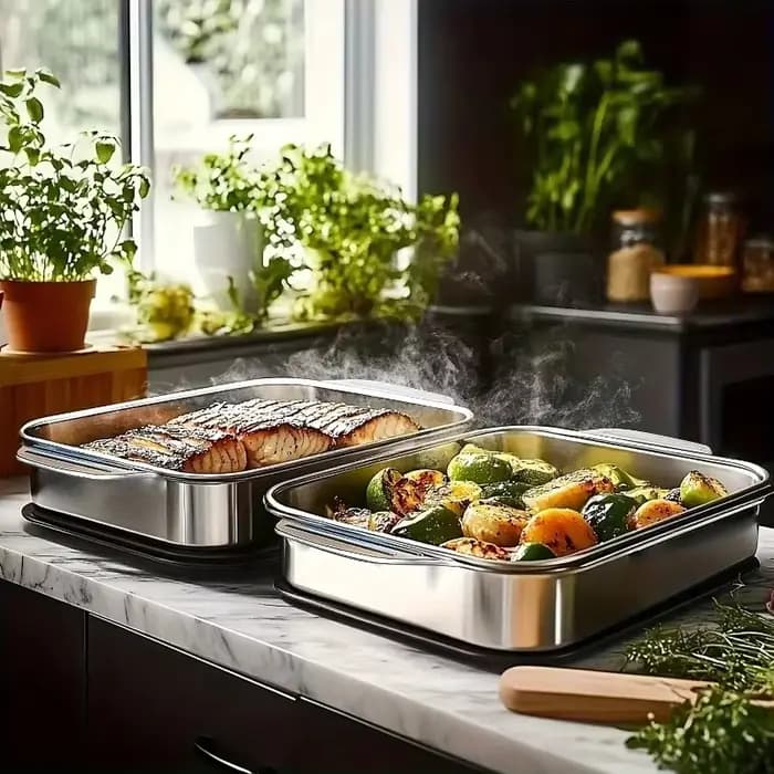Plateau rectangulaire en acier inoxydable 304 avec couvercle pour poisson grillé et écrevisses