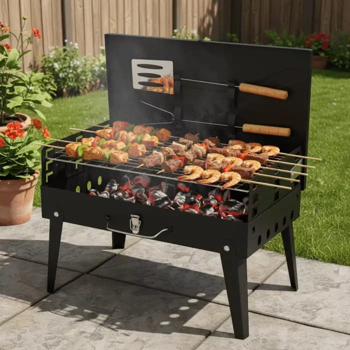 Barbecue portable pliable au charbon de bois avec poignée