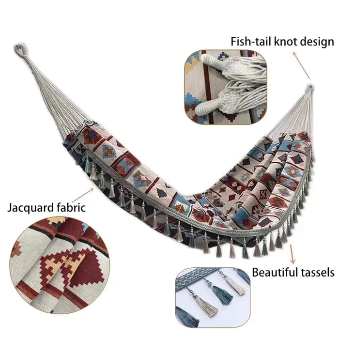 Hamac double de style ethnique bohème pour l'extérieur avec sac de rangement et cordes de fixation.