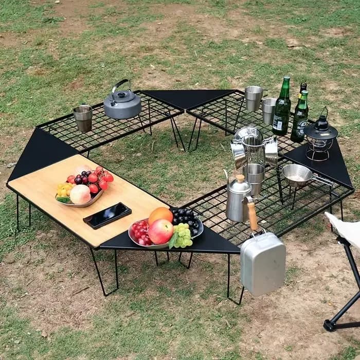 Table pliante multifonctionnelle d'extérieur en bambou avec étagères multiples pour barbecue, camping et pique-nique