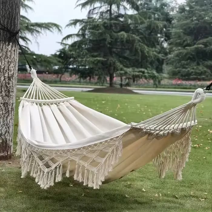 Hamac double bohème pour 2 personnes, motif rayé rouge blanc avec glands, hamac d'extérieur en corde
