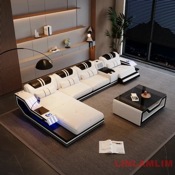Canapé-lit sectionnel convertible en cuir véritable avec fauteuils inclinables électriques