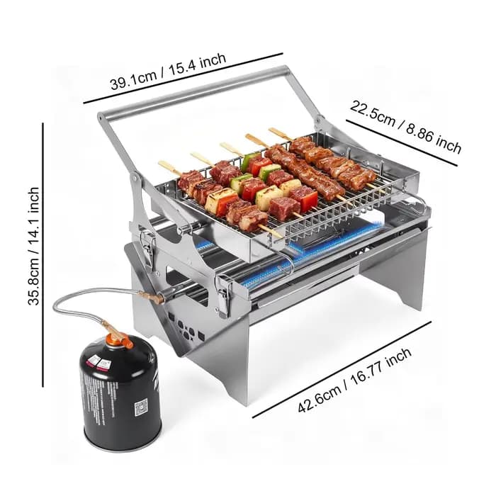 Barbecue à gaz portable, 360 ° Barbecue rotatif au charbon de bois, barbecue de camping en acier inoxydable avec sac de transport