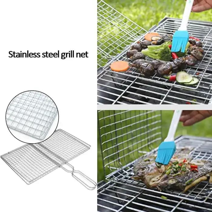 Panier de cuisson pour barbecue, filet de grillade pour viande, poisson et légumes, en maille d'acier argentée avec pince