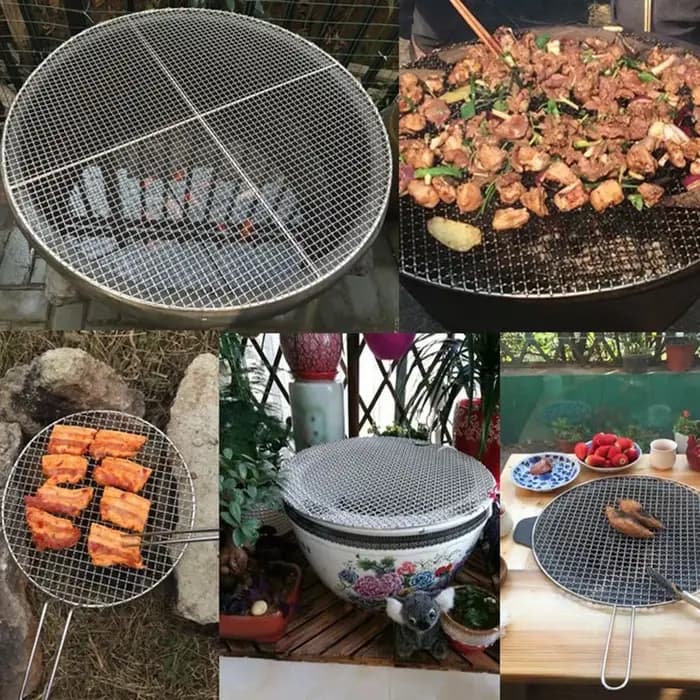 34 tailles 10-60 cm de diamètre rond 304 acier inoxydable BBQ grilles filet mailes coréen Barbecue antiadhésif fil Net