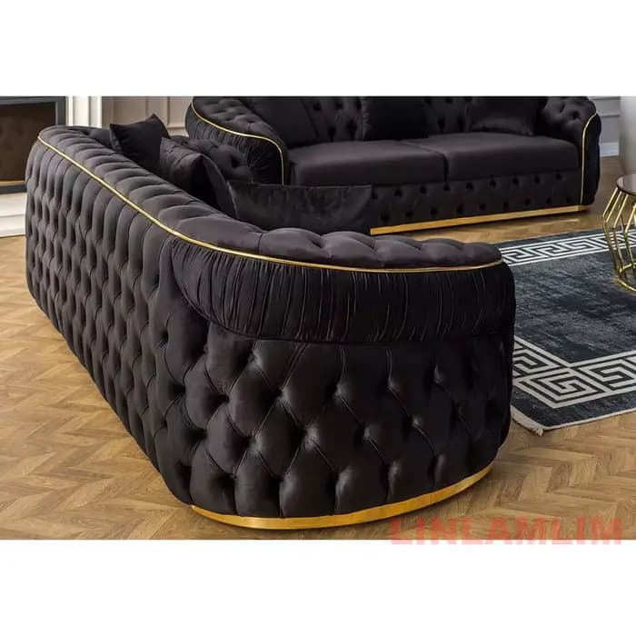 Ensemble de canapés modulaires Chesterfield MANBAS 3+2+2 places avec boutons en tissu et base en acier inoxydable doré