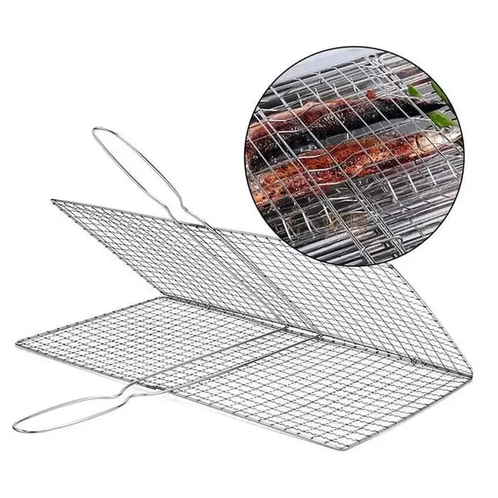 Panier de cuisson pour barbecue, filet de grillade pour viande, poisson et légumes, en maille d'acier argentée avec pince