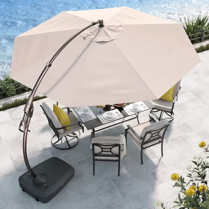 Parasol cantilever de 11 pieds avec base, grand parasol rond en aluminium décalé pour patio, jardin,