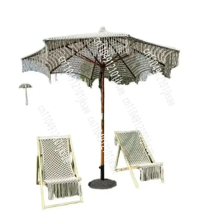 Parasol de luxe de style bohème, droit, à commande manuelle, en polyester, pour patio et plage, avec franges en macramé, design européen
