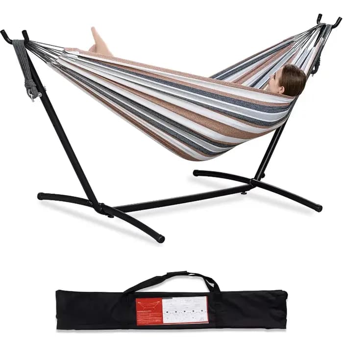Hamac de jardin double pour l'extérieur, structure en acier robuste, capacité de 150 kg, sac de tran