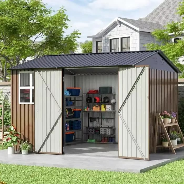 Abri de rangement extérieur, grand hangar de jardin en métal avec fenêtres à structure de cadre mis à jour et portes verrouillables