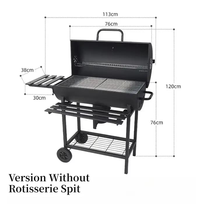 Grand barbecue à charbon de bois sur roulettes avec rôtissoire, étagères latérales et chariot de ran