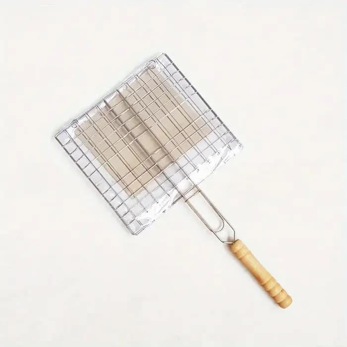 Barbecue grillé réutilisable viande poisson pince support manche en bois métal gril maille pliable