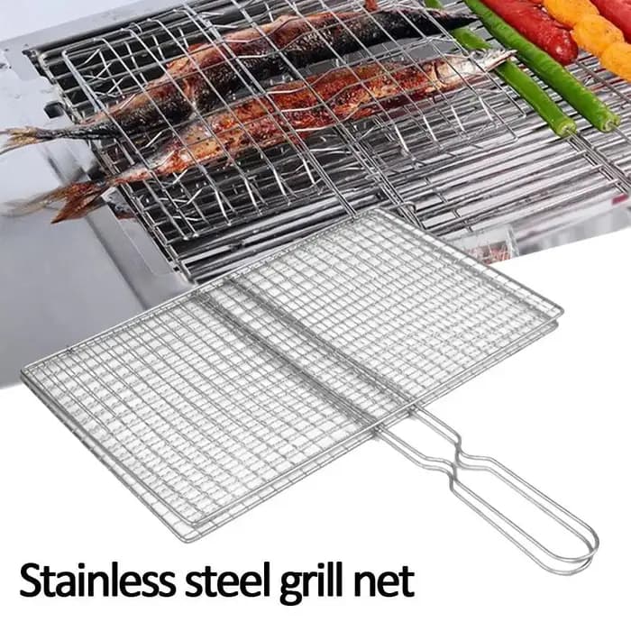 Panier de cuisson pour barbecue, filet de grillade pour viande, poisson et légumes, en maille d'acier argentée avec pince