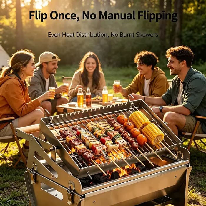 360 ° Barbecue au charbon de bois portable, pliable et rotatif en acier inoxydable avec grille amovible pour le camping en plein air, la plage et la cuisine