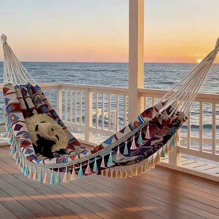 Hamac double de style ethnique bohème pour l'extérieur avec sac de rangement et cordes de fixation.