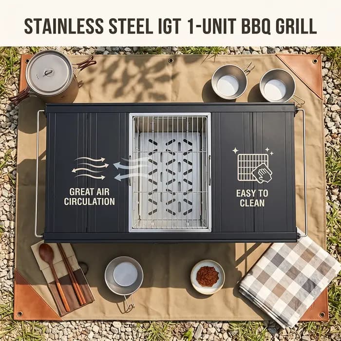 Barbecue pliable Pandatour Camping 1Unit IGT, facile à installer, portable, pour la randonnée, réchaud à charbon de bois, grille en acier inoxydable.