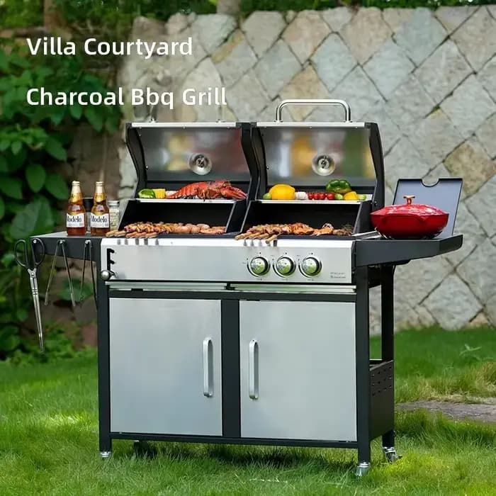 Grand barbecue à gaz et charbon de bois double combustible, portable, style américain, pour extérieur, patio, jardin, camping, villa familiale
