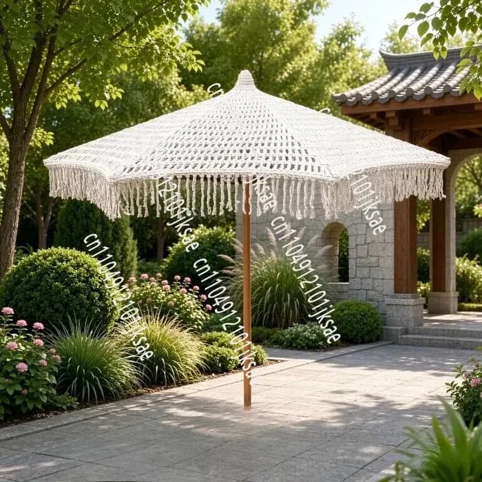 Parasol de luxe de style bohème, droit, à commande manuelle, en polyester, pour patio et plage, avec