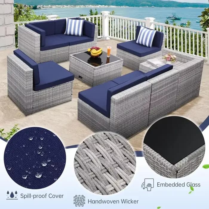 Ensemble segmenté de meubles de patio d'extérieur en rotin de 8 pièces, table à plateau en verre ave