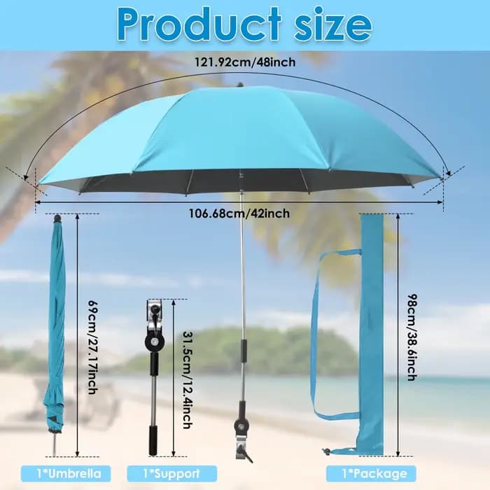 Parasol de plage avec pince universelle 360° ° Parapluie à ombrage réglable 42 pouces