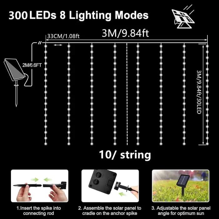 Rideau lumineux solaire imperméable pour l'extérieur, guirlande féerique solaire, guirlande lumineus
