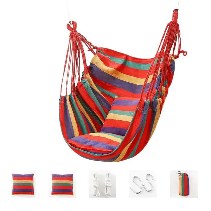 Chaise hamac confortable pour dortoir, chaise suspendue de jardin en toile à rayures colorées avec sac de rangement, siège de balançoire de jardin en corde de coton