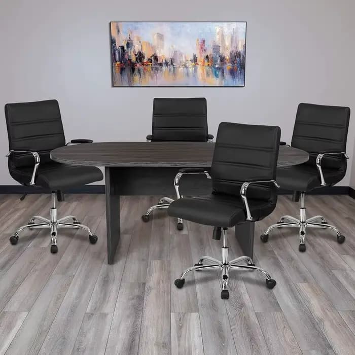 Ensemble de table de conférence ovale gris rustique 5 pièces avec 4 chaises de direction en cuir sou