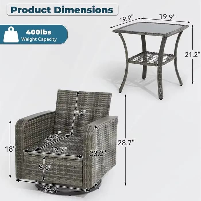 Ensemble de patio 3 pièces, chaise pivotante d'extérieur, ensemble de bistro de patio en osier avec