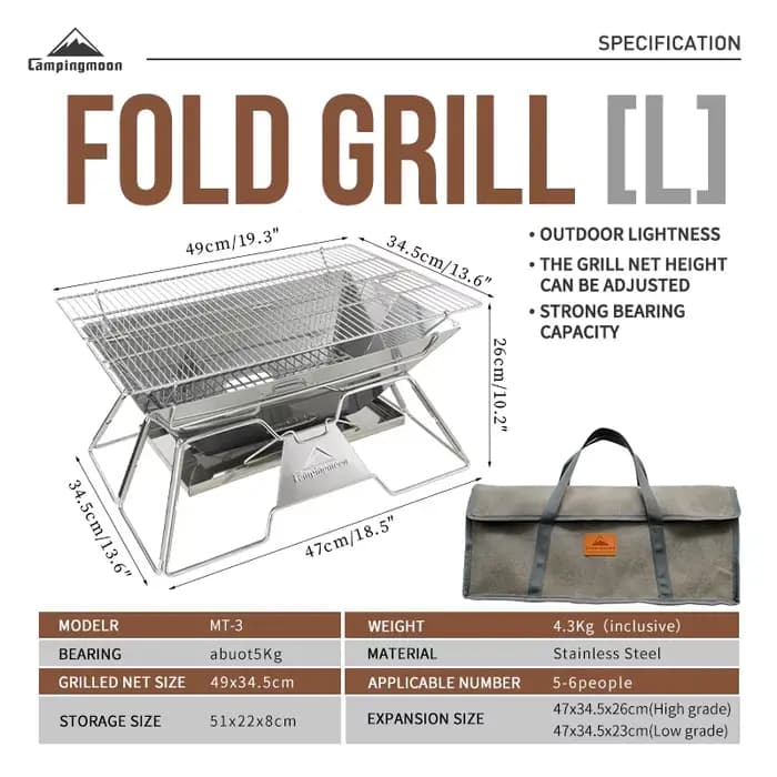 CAMPINGMOON MT-3 Grand four de barbecue portable pliable en acier inoxydable