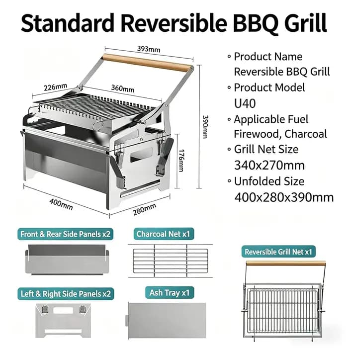 360 ° Barbecue au charbon de bois portable, pliable et rotatif en acier inoxydable avec grille amovible pour le camping en plein air, la plage et la cuisine