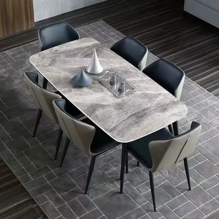 Meubles de maison, table à manger moderne avec 6 chaises, plateau en marbre, table basse avec pieds
